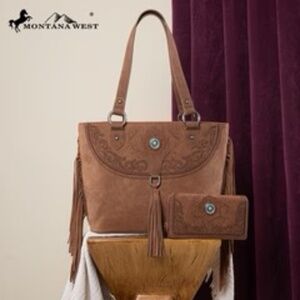 Montana West Embroidered Concealed Carry Tote with Wallet Set Brown NWT